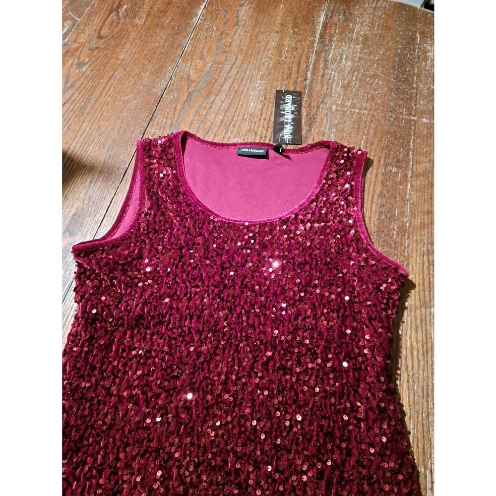 New Nina Leonard Crisp Berry Red Sequin Velvet Velour Sleeveless Dress Medium - Picture 3 of 5